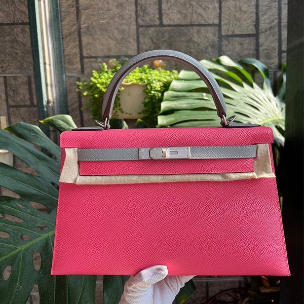 Hermes Kelly28外縫，粉拼灰，霧面銀扣，vip馬蹄訂製款，epsom皮，C刻印